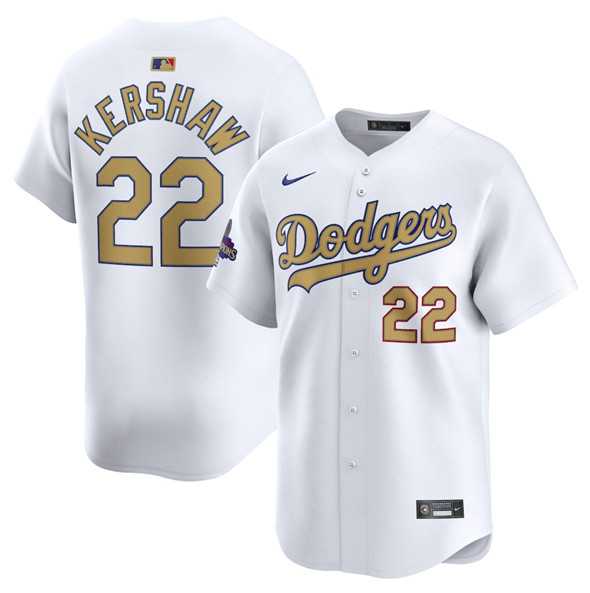 Mens Los Angeles Dodgers #22 Clayton Kershaw White 2025 Gold Collection Limited Stitched Jersey Dzhi